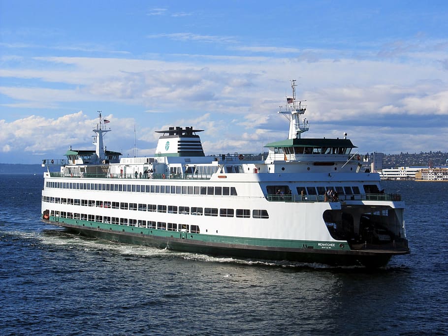 passenger ship on body of water, ferry, boat, puget, sound, seattle