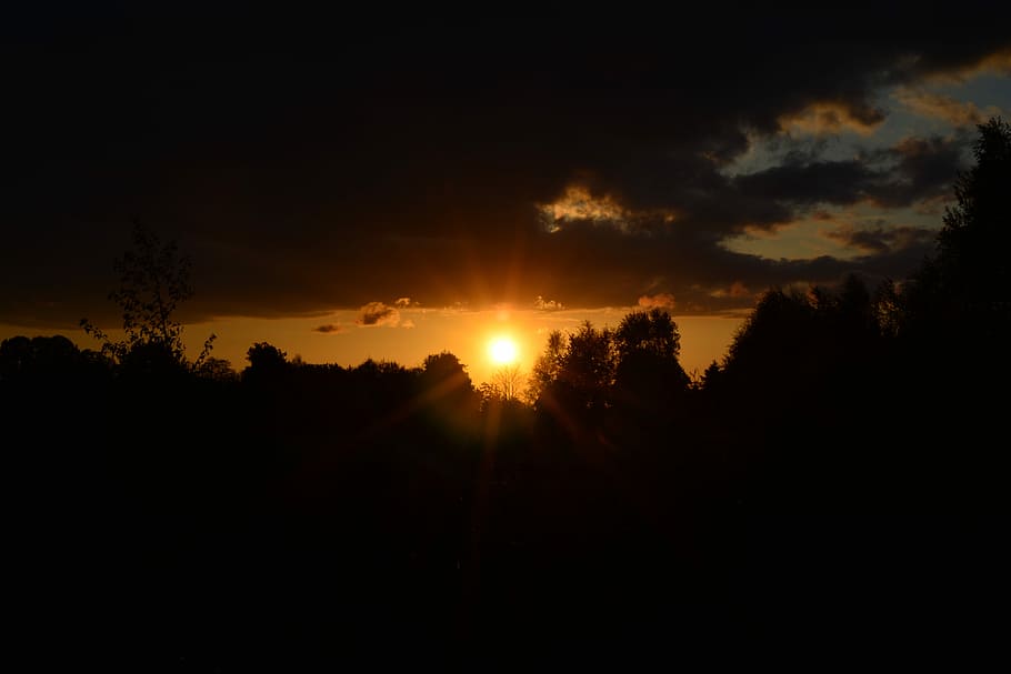 Sunset, Forest, Clouds, abendstimmung, evening sky, sunbeam HD wallpaper