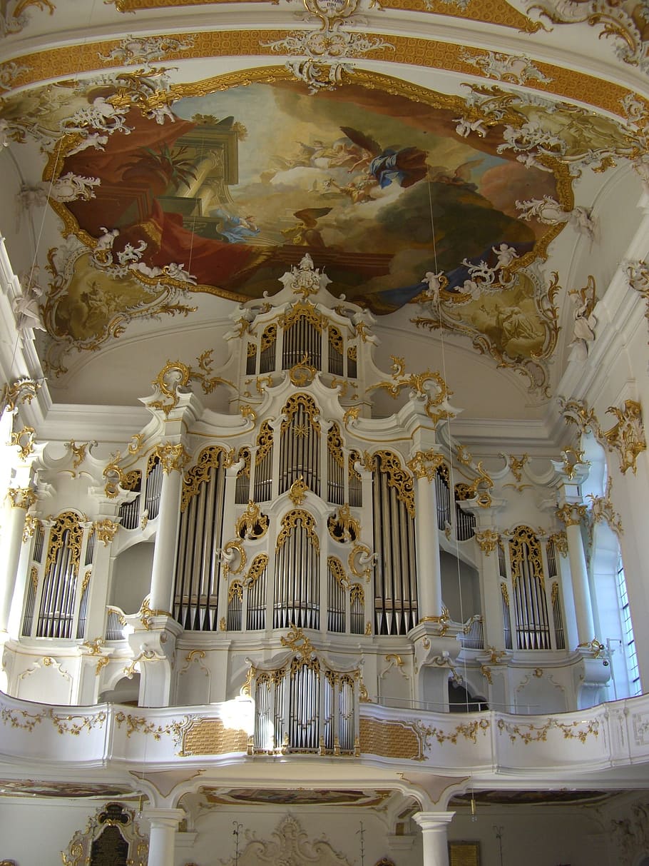 monastery church, roggenburg, swabia, bavaria, organ, gallery, HD wallpaper