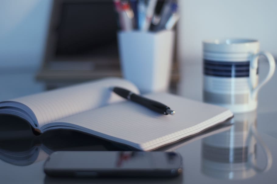 black and gray click pen on white book, organization, office HD wallpaper
