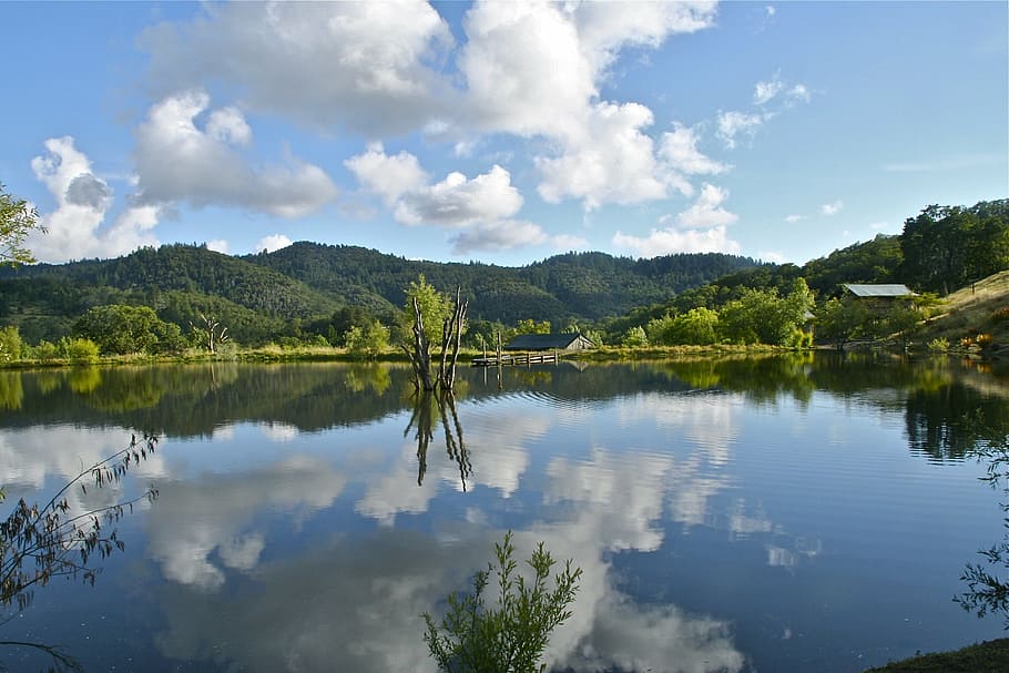 lake, clouds, water, reflection, mountain, scenic, sky, landscape HD wallpaper