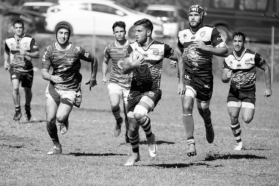 football players running on field, grayscale photography of rugby game HD wallpaper
