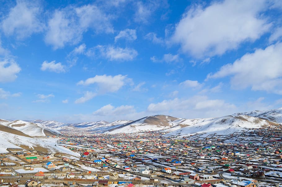 aerial view of houses beside mountain, suburb, mongolia, ulaanbaatar HD wallpaper