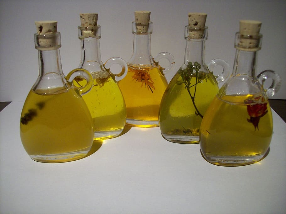 photo of five olive oil bottles, oils, essential oil, aromatherapy, HD wallpaper