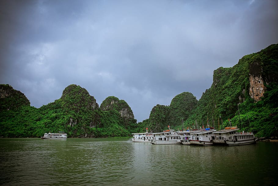 halong bay, viet nam, asia, water, transportation, nautical vessel, HD wallpaper