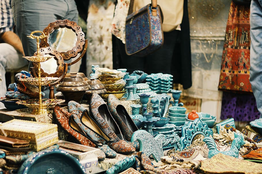 assorted-color products on floor, shop, copper, ceramic, shoe HD wallpaper
