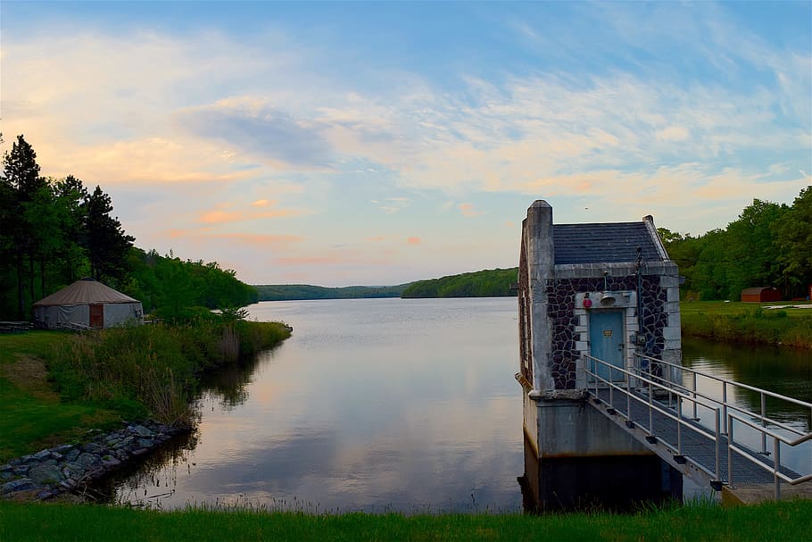 Lake, Sunset, Stone, Building, Reflection, stone building, clouds HD wallpaper