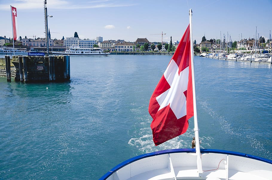 flag, switzerland, switzerland flag, lake, water, sea, ship