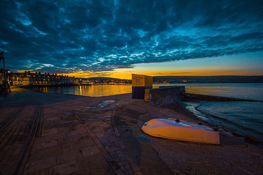 water, sky, clouds, cloud - sky, sea, sunset, architecture HD wallpaper