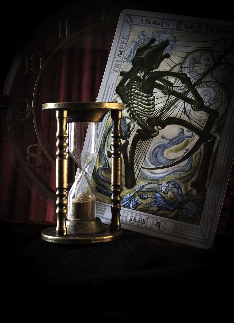closeup photo of hour glass and tarot card, Death, Hourglass