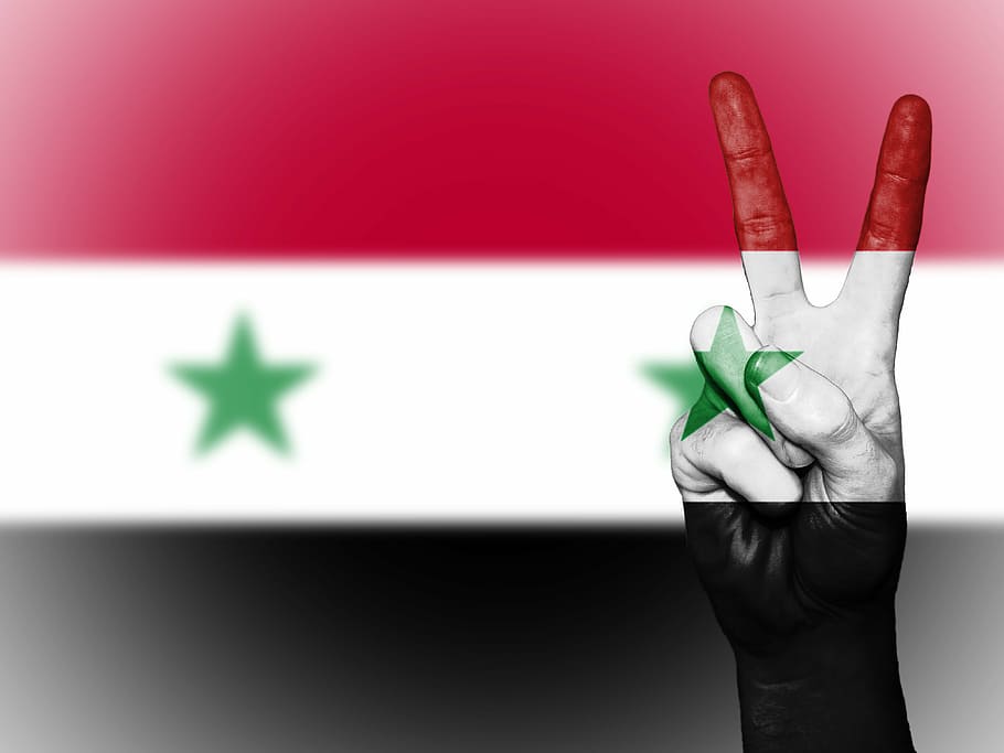 red, yellow, and black flag with two stars, syria, peace, hand, HD wallpaper