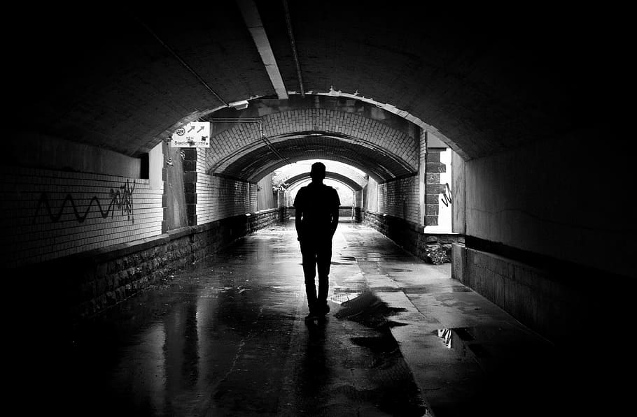 Silhouette Photo of a Man in a Tunnel, alone, architecture, black
