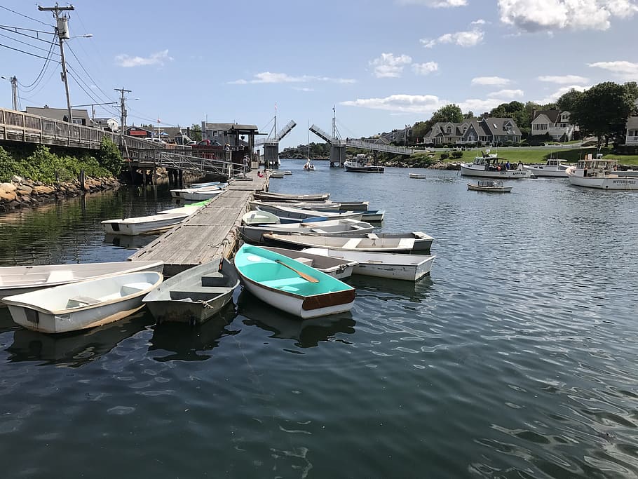 ogunquit, maine, boats, dock, sea, ocean, summer, bridge, water