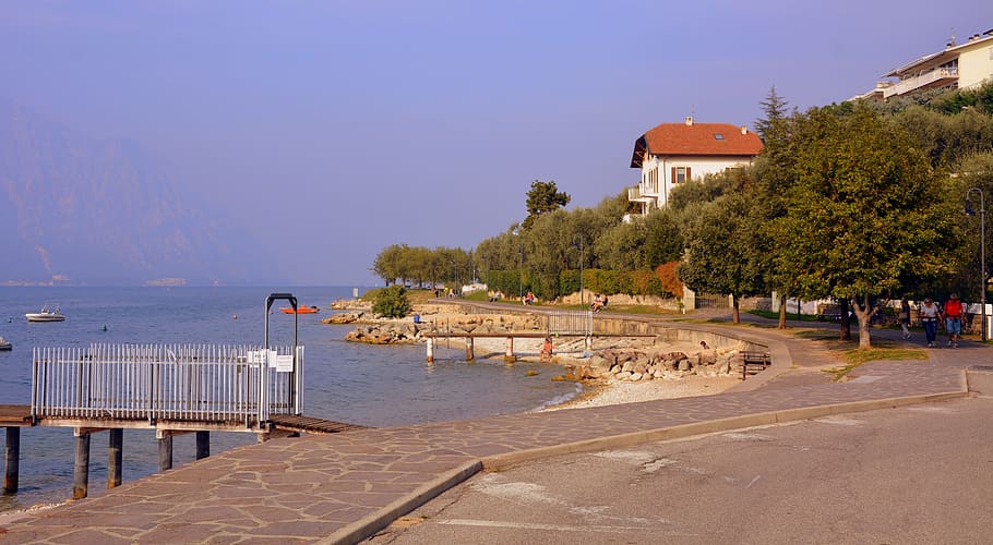 path, lake, garda, malcesine, italy, lake front, water, architecture HD wallpaper