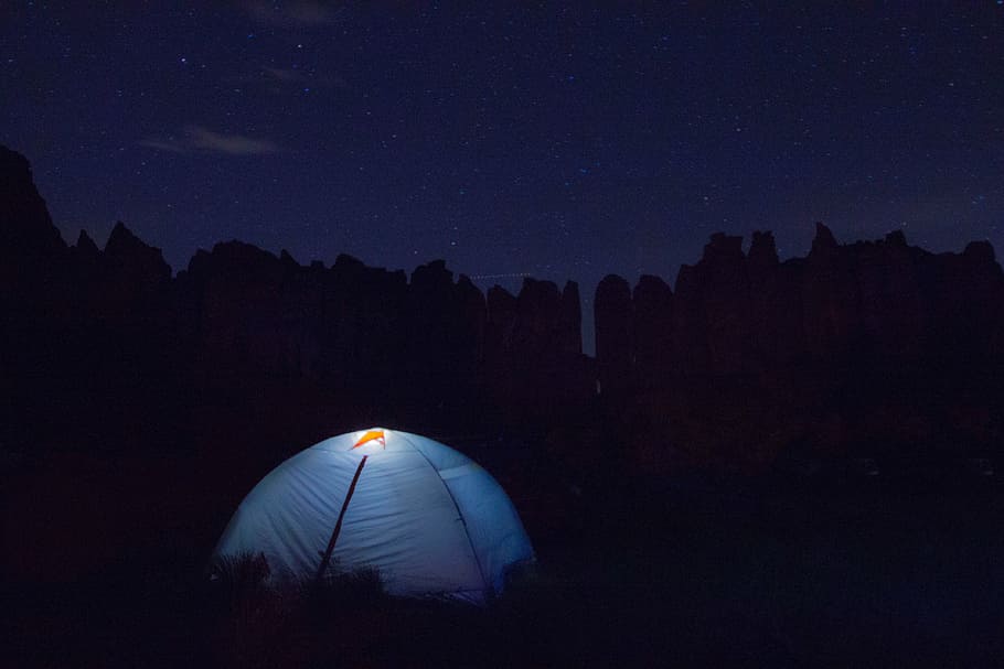 photo of blue dome tent in forest during nighttime, dark, trees HD wallpaper
