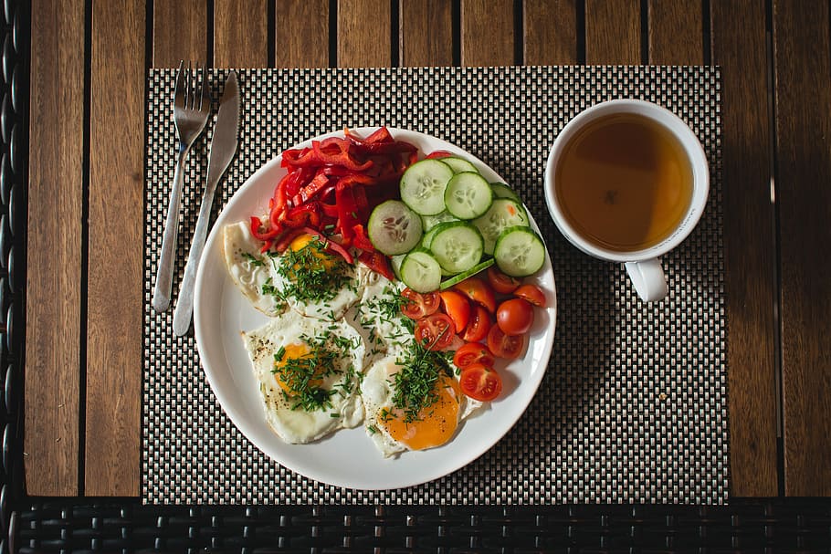 Paleo breakfast eggs with vegetables outside, healthy, top view HD wallpaper