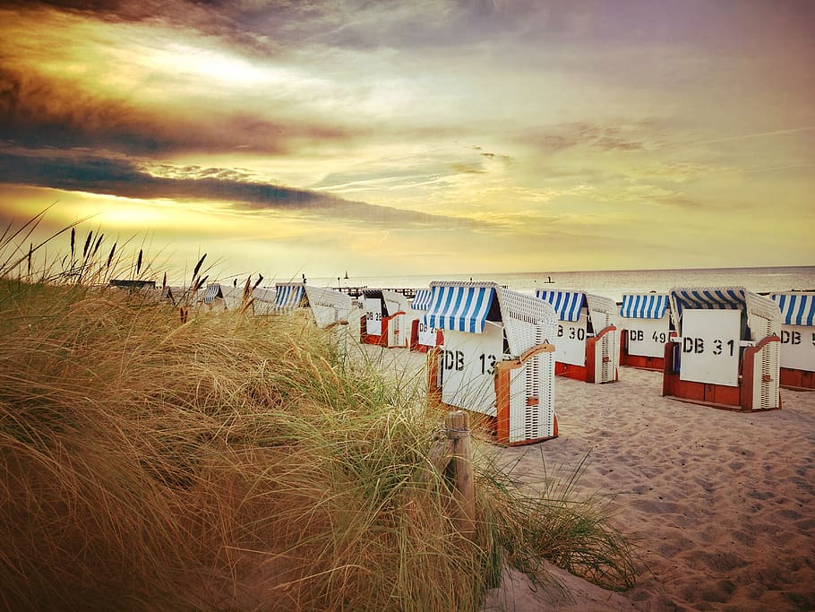 beach, horizontal, sea, sun, sky, sunset, abendstimmung, setting sun HD wallpaper