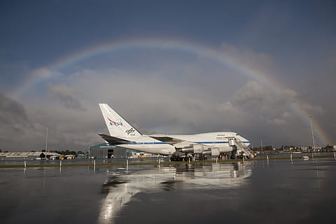 Jetliner, Rainbow, Boeing 747Sp, reflection, modified, telescope HD wallpaper