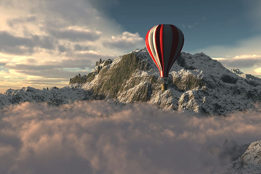 red and white hot air balloon near gray mountain, sky, outdoors, HD wallpaper