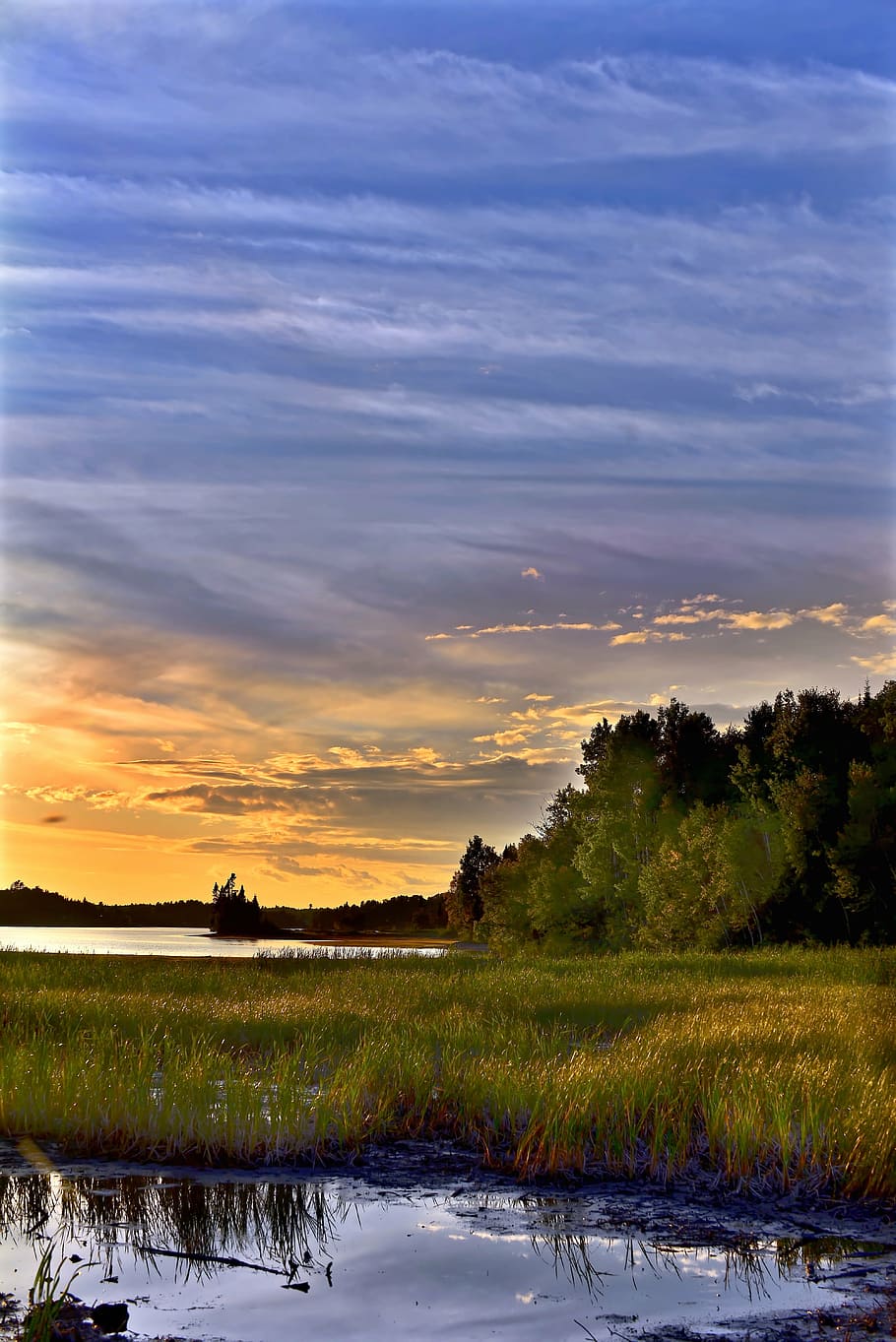 sunset, twilight, landscape, clouds, evening, lake, reflections HD wallpaper