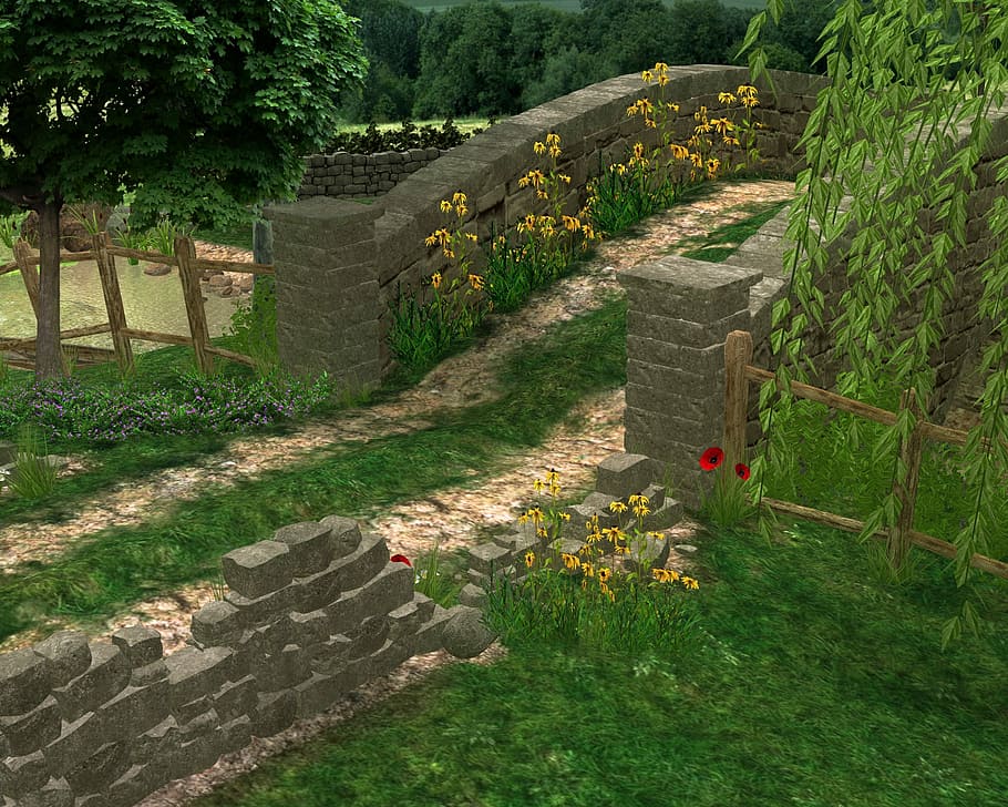 Stone Bridge Digital Render, 3d, flowers, illustrations, grass HD wallpaper