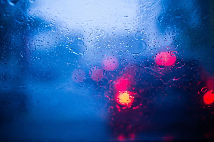 bokeh photography of vehicle taillights, rain, raining, windshield, HD wallpaper