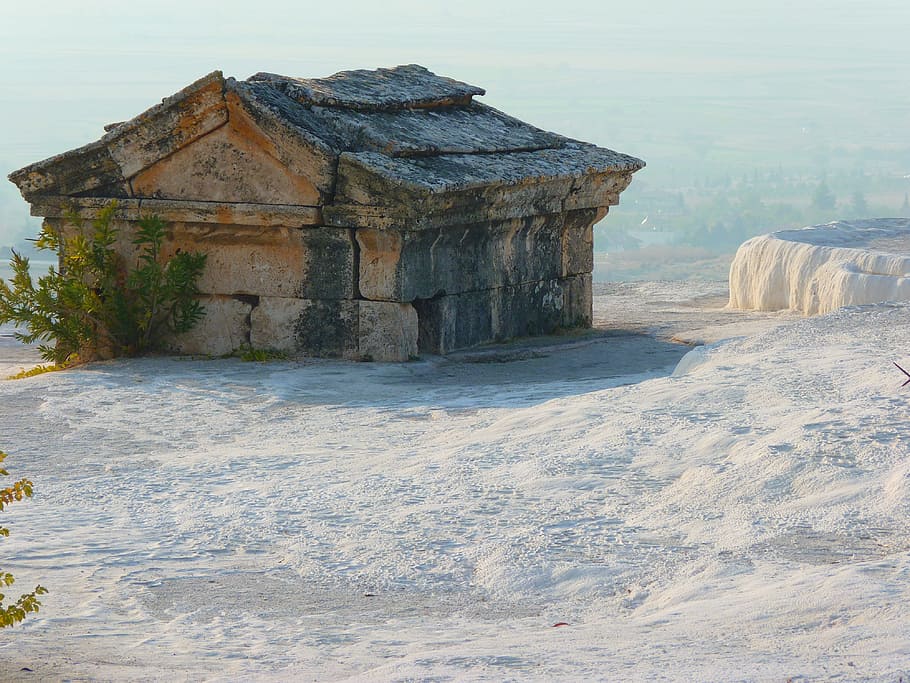 brown stone house on white hill, Pamukkale, Tomb, Sarcophagus