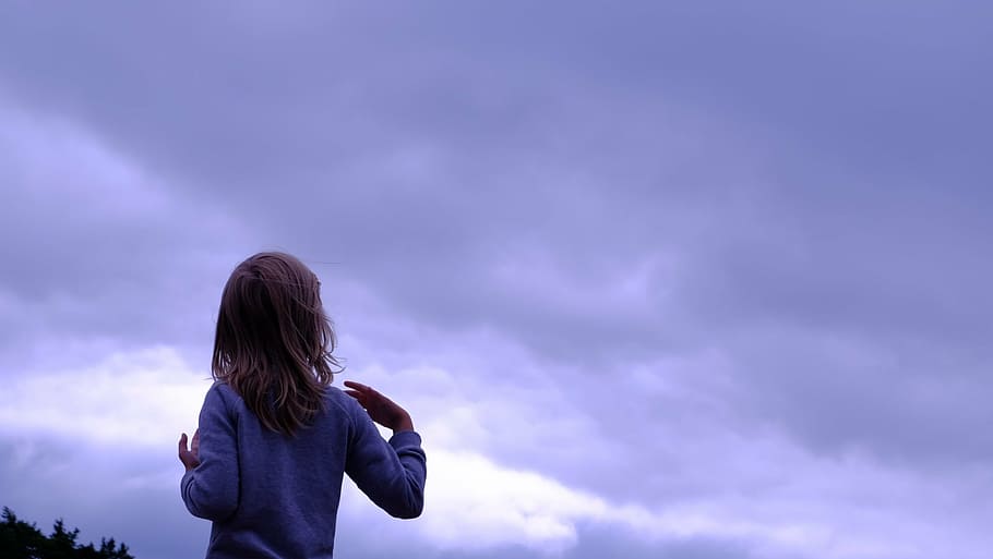 girl facing sky, person, gray, shirt, starting, cloudy, blue HD wallpaper