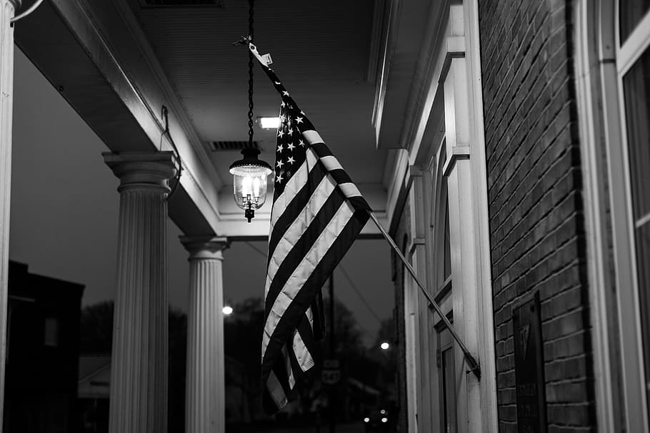American Flag, black-and-white, night, built structure, architecture, HD wallpaper