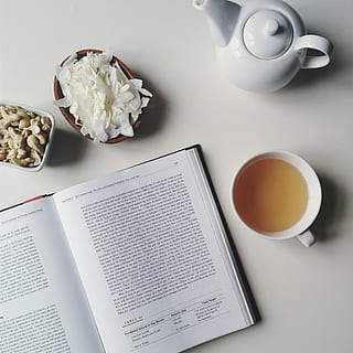 Relaxed sunday with tea and a book, coconut, drink, top view HD wallpaper