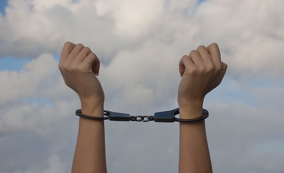 person wearing black handcuffs, hands, women, chained, women's, HD wallpaper