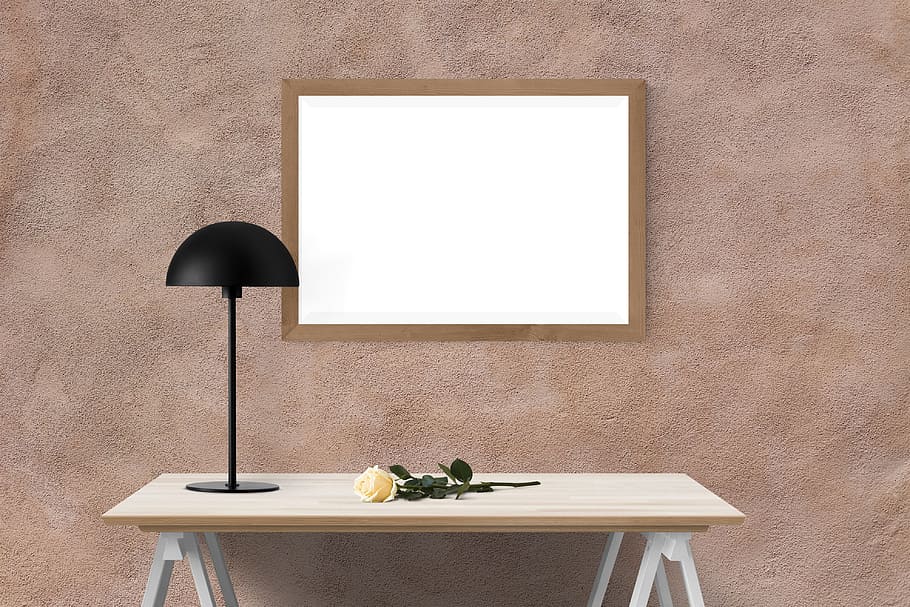 black table lamp on brown wooden table, poster, wall, mockup, HD wallpaper