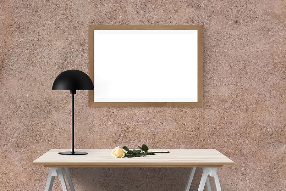 black table lamp on brown wooden table, poster, wall, mockup HD wallpaper