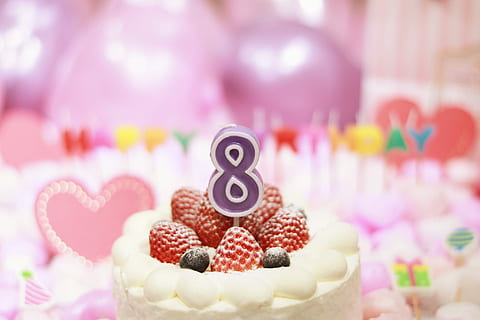 strawberry-filled cake with purple and white 8 candle, dessert HD wallpaper