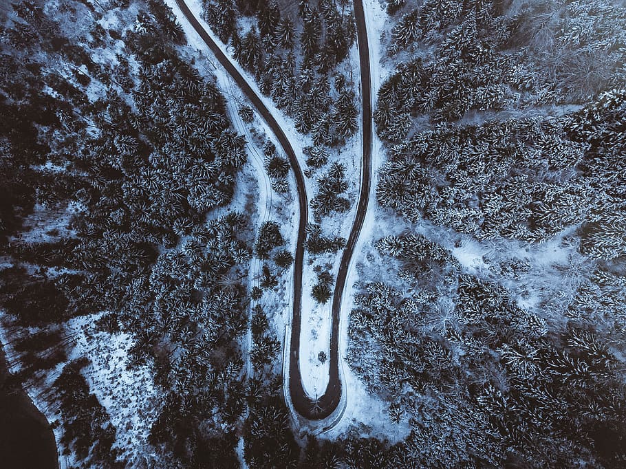 bird's-eye view of snow covered road, untitled, aerial view, bend HD wallpaper