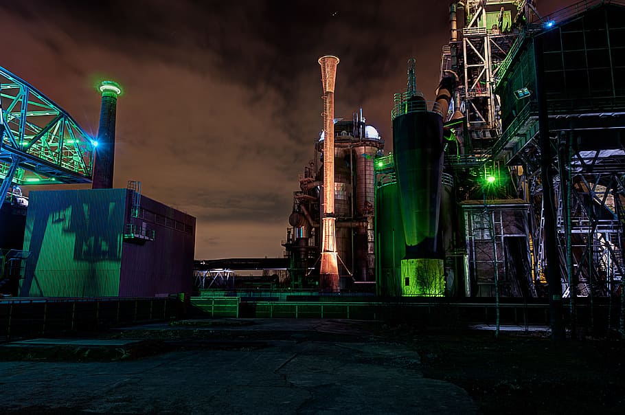 concrete and metal buildings during night, industry, energy HD wallpaper