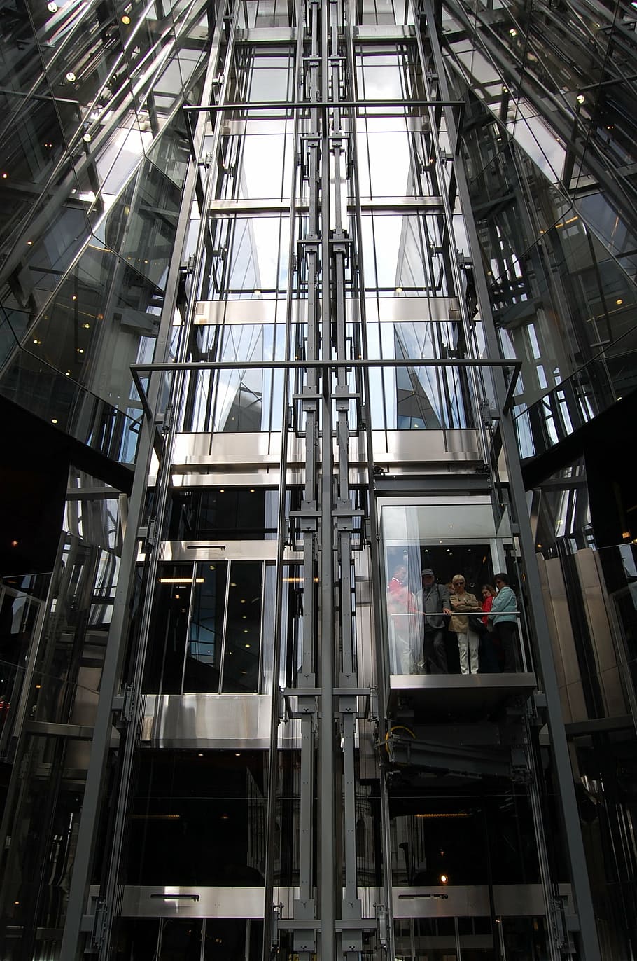 gray and white elevator, technology, lift, low angle view, built structure HD wallpaper