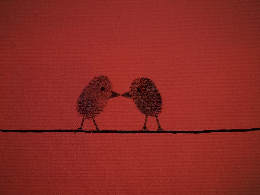 two chick on black wire painting, thumbprint, fingerprint, birds