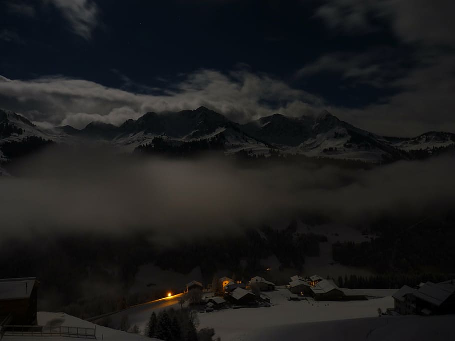 snow village during nighttime, landscape, mountains, alpine HD wallpaper