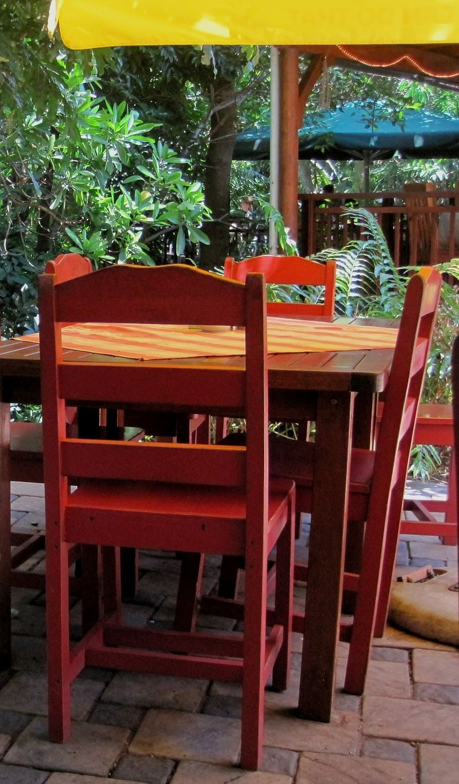 table, chairs, wood, red, paving, sunshade, yellow, contrast HD wallpaper