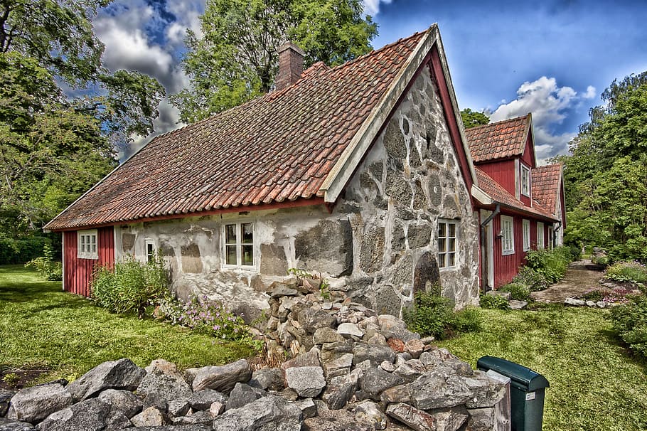 rock house with grass and trees, sweden, home, stones, summer, HD wallpaper