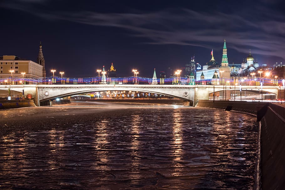 bridge, the kremlin, winter, river, night, landscape, the moscow river HD wallpaper