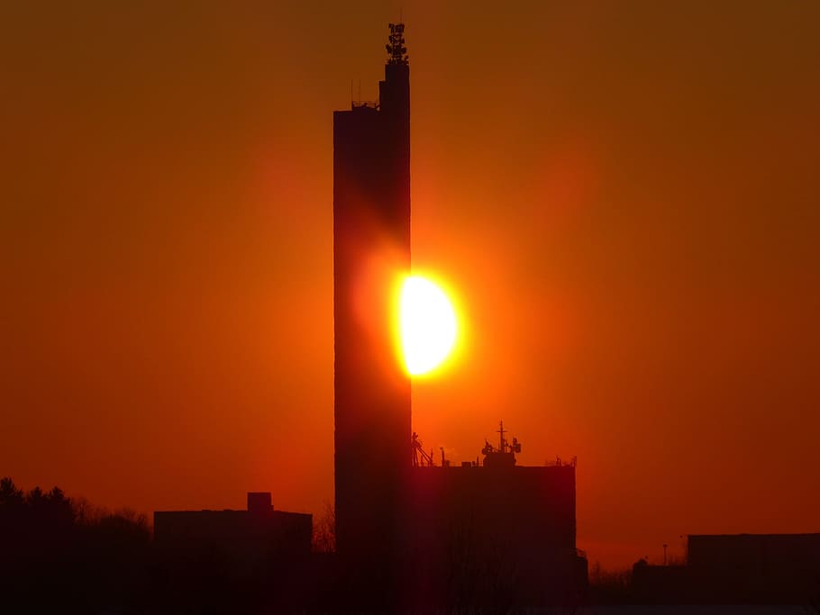 silhouette photography of high-rise building, sun, fireball HD wallpaper