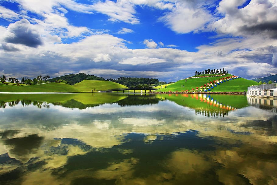 suncheon bay, sky, cloud, blue, blue sky, water, reflection HD wallpaper