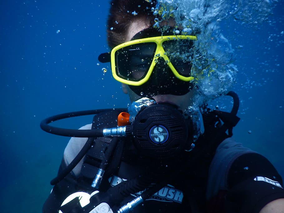 person wearing scuba diving suit underwater, divers, swim, sea