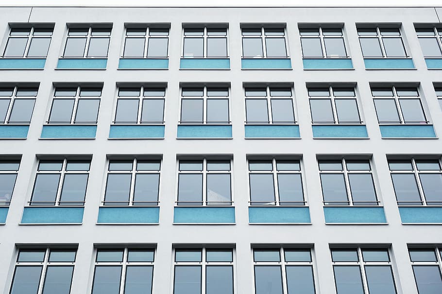 white concrete building at daytime, pattern, repetition, bright blue HD wallpaper