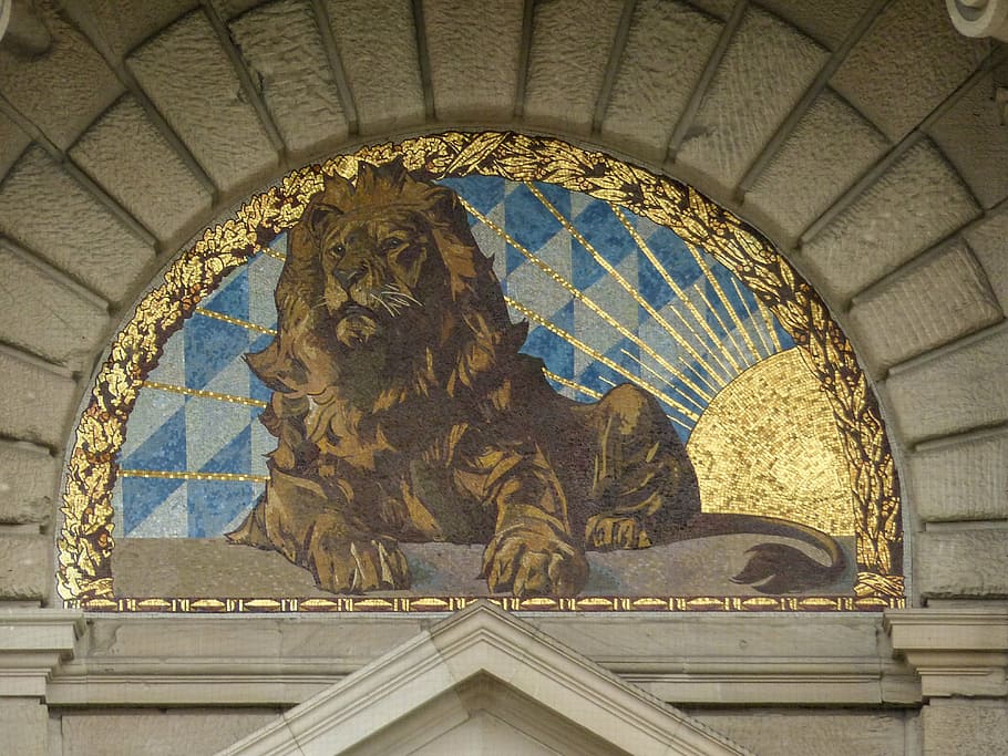 lion painting on wall, mosaic, artwork, building, house, government HD wallpaper