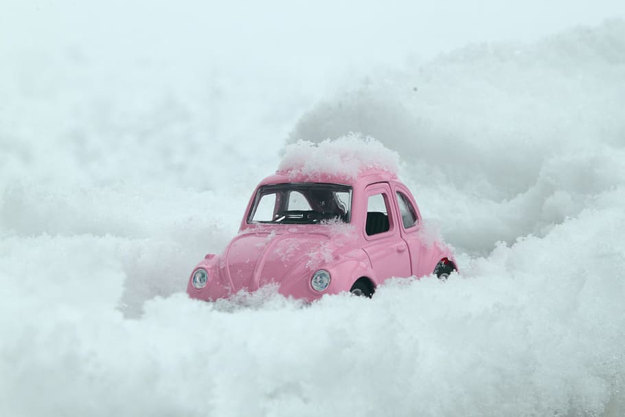 pink Volkswagen Beetle on snow land, bug, vw, car, snowy road HD wallpaper