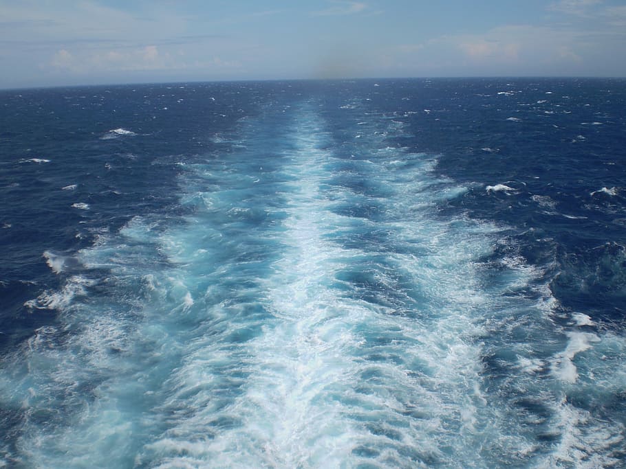 ship wake, sea, blue, nature, wave, water, summer, horizon over water HD wallpaper