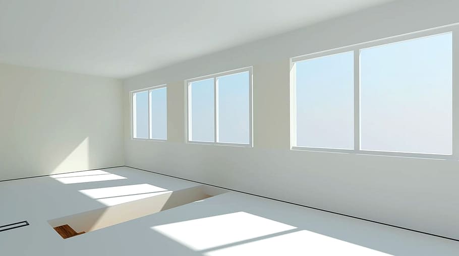 white building interior, white wall, paint, room, lichtraum, visualization, HD wallpaper